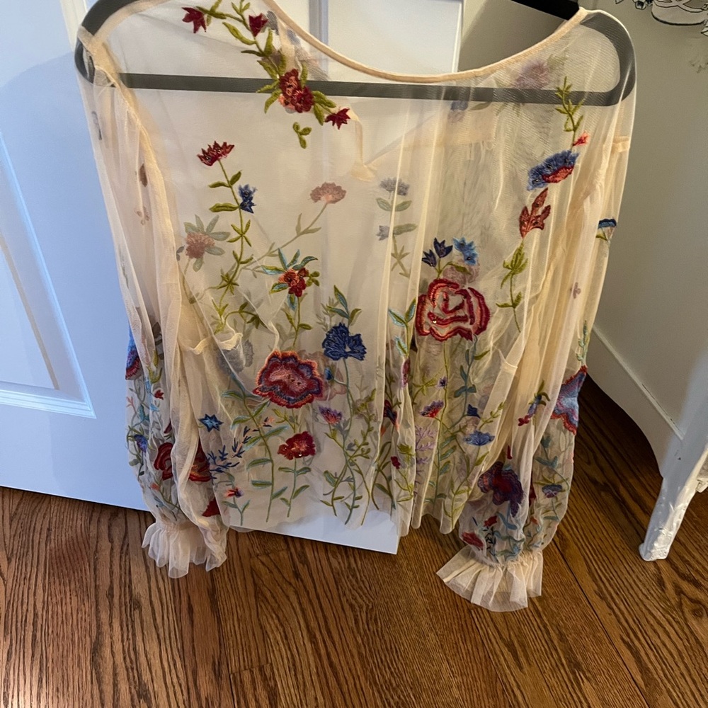 Anthropologie Sheer Floral Embroidered Blouse - Picture 5 of 6